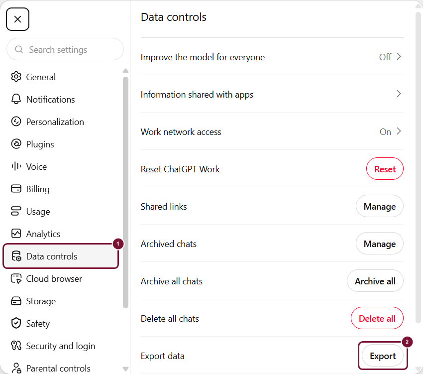 Settings > Data controls, הכפתור Export