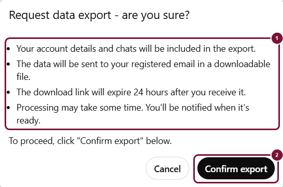 חלון האישור Request data export