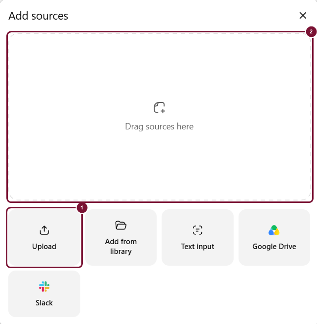 חלון Add sources, האפשרות Upload