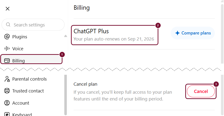 Settings > Billing, המנוי והשורה Cancel plan