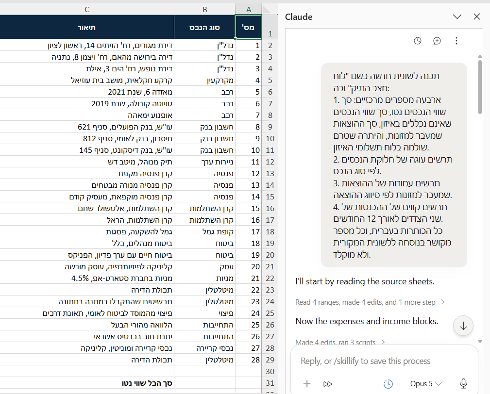 מסך Excel שלם, ובצדו השמאלי הסרגל של Claude