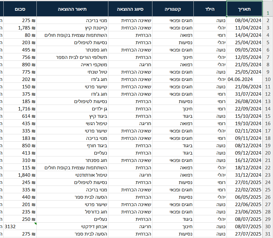 לשונית ההוצאות, ובה תא תאריך ותא סכום ששמורים כטקסט בין שורות תקינות