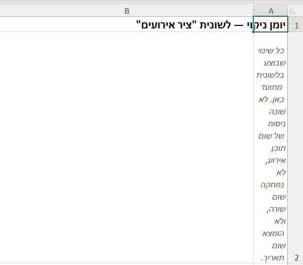 לשונית יומן הניקוי כפי שנוצרה, בעמודה צרה שמפרקת כל מילה לשורה